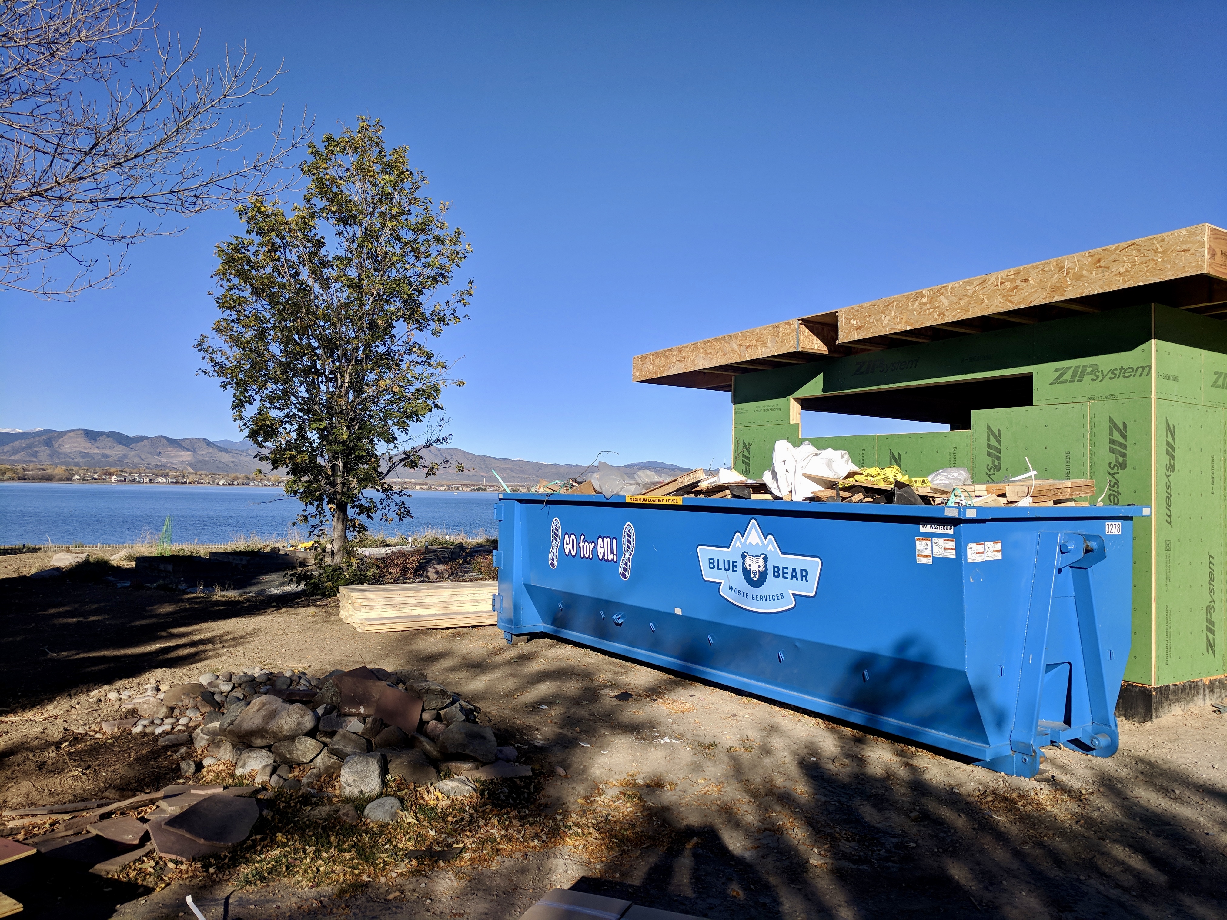 A dumpster sitting next to a tree near the water.